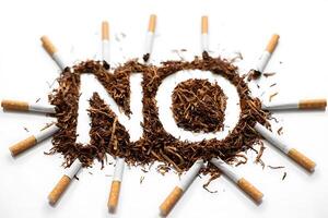 Symbolic arrangement displaying the word no formed with tobacco and cigarettes promoting anti-smoking awareness on white background photo