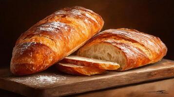 Textured Artisan Bread Displayed on Wooden Tabletop Naturally photo