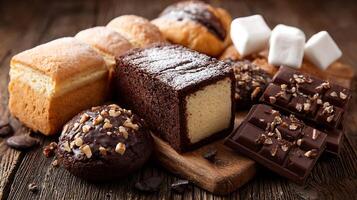 Close-Up of Freshly Baked Goods on Rustic Wooden Table photo