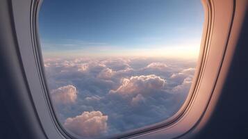 Photorealistic Close Up of Gleaming Airplane Window and Calming Clouds photo