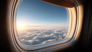 Macro View of Airline Window Showcasing Mirror Smooth Finish and Sky photo