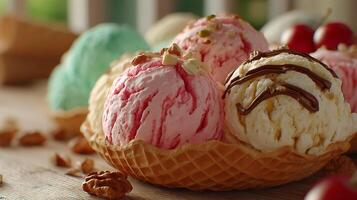 High resolution ice cream swirl with chocolate and berries photo