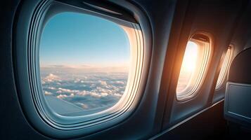 Crystal sharp Aircraft Window Beveled Border Encasing Calm Twilight Sky photo