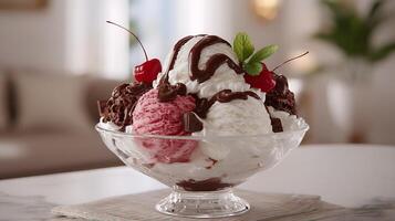 Dripping ice cream with caramel and chocolate toppings photo