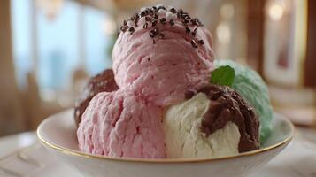 Ice cream sundae with detailed layers and toppings photo