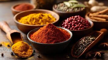 Vibrant Spice Trails Form Abstract Patterns on Weathered Farm Table photo