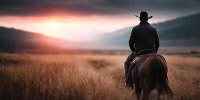 Cowboy riding a horse through tall grass at sunset in an open valley photo
