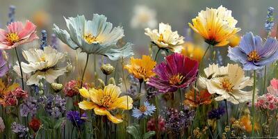 Colorful wildflowers bloom under soft sunlight in a serene meadow setting during springtime photo