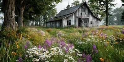 Old wooden barn surrounded by vibrant wildflowers in a serene meadow during early morning photo