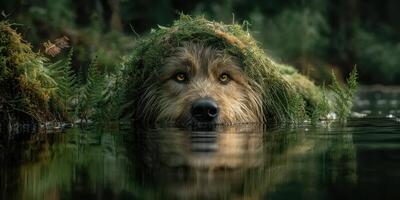 Dog with mossy fur peeking out from water in a peaceful forest setting during early morning light photo