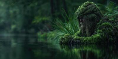 Mysterious figure blending with nature near a serene lake in a lush forest during twilight hours photo