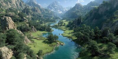 Serene river flows through lush valleys and towering mountains on a clear sunny day under a bright blue sky photo