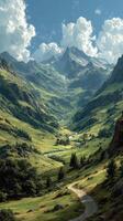 Breathtaking mountain valley landscape with flowing river under a blue sky and fluffy clouds photo
