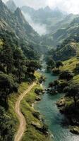 Mountain valley with winding river and lush greenery under cloudy sky photo