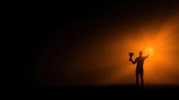Celebrating victory at dusk with a trophy held high in a dramatic foggy environment photo