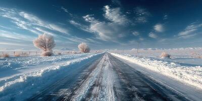 Snow-covered road stretches through a tranquil winter landscape under a clear blue sky at midday in a remote area photo