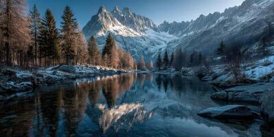 Majestic mountain range reflects on tranquil lake with pine trees in winter at dawn photo