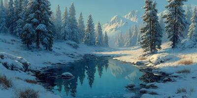 Winter landscape of snow-covered trees reflecting in a serene river at dawn in the mountains photo