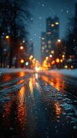 Snowfall creates a serene evening atmosphere in a snowy city street at dusk photo
