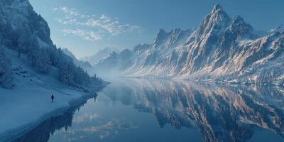 Breathtaking winter landscape with snow-covered mountains and reflections in a serene lake during early morning light photo