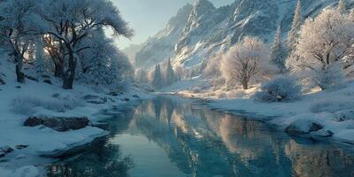 Winter landscape with snow-covered trees and a serene river reflecting mountain peaks in early morning light photo