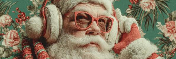 Festive Santa Claus wearing headphones and colorful sunglasses enjoys holiday music in a vibrant setting photo