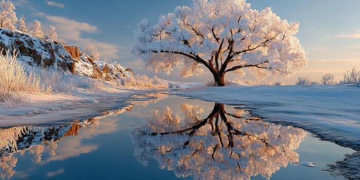 Snow-covered landscape with a large tree and tranquil water reflection during a serene winter evening photo
