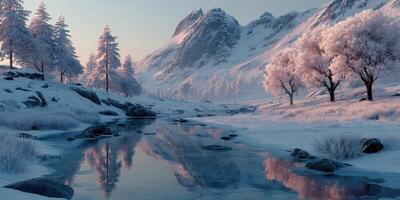Winter landscape with frozen stream, snow-covered trees, and mountain backdrop at dawn in a serene setting photo