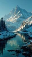 Snowy mountain landscape with a tranquil river reflecting the majestic peak in winter light photo