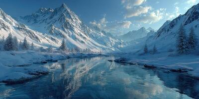 Snowy mountain landscape with a serene river reflecting towering peaks in winter sunlight photo