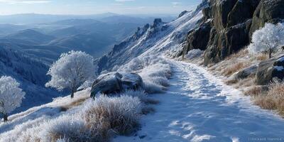 Snowy mountain landscape featuring frosted trees and rocky terrain under a clear blue sky photo
