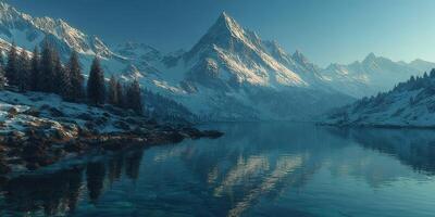 Snow-capped mountain range reflected in tranquil lake during early morning hours photo
