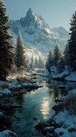Stunning winter landscape with mountains, forest, and a reflective river during dawn in a serene setting photo