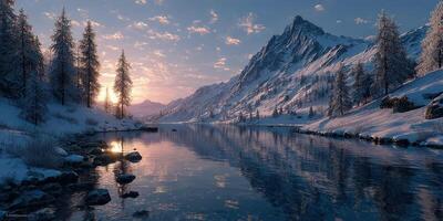 Winter sunset over a serene river reflecting snow-covered mountains in a peaceful landscape photo