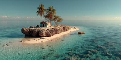 Scenic isolated island with palm trees and a small house surrounded by clear turquoise waters during a calm day photo
