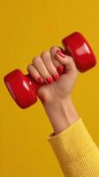 Woman with vibrant red nails lifts bright red dumbbell against yellow background showcasing fitness and strength photo