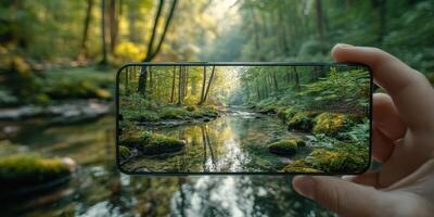 Capturing the serene beauty of a forest stream on a smartphone during a sunny afternoon photo