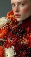 Model poses with a vibrant bouquet of flowers in warm autumn tones against a soft gray background photo
