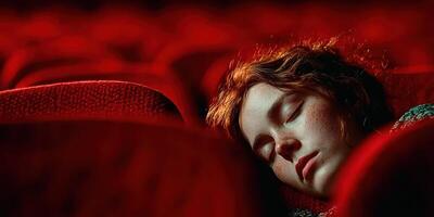 Young girl sleeps peacefully in a red theater seat during a movie screening at night photo