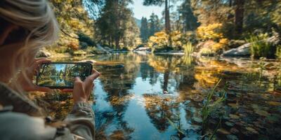 Capturing nature's beauty beside a tranquil river in the forest during autumn photo