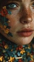 Woman with colorful floral face paint poses close-up in natural light, showcasing intricate beauty and artistic expression photo