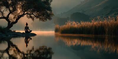 Serene meditation by the river at dawn with mist and golden sunlight filtering through trees and grass photo