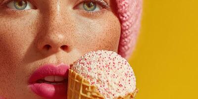 Woman enjoying pink ice cream cone while wearing a cozy pink hat against a bright yellow backdrop photo