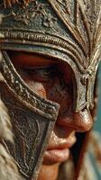 Warrior in ornate armor gazes into the distance against a clear sky during an epic battle preparation photo