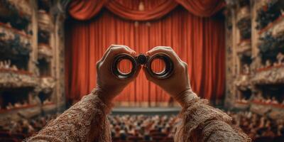 Audience member prepares to enjoy an evening performance at a grand theater with binoculars photo