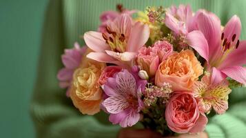Beautiful spring bouquet featuring colorful flowers held against a soft green background during daylight photo
