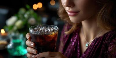 Woman holding a glass of dark beverage at a dimly lit gathering during the evening hours photo