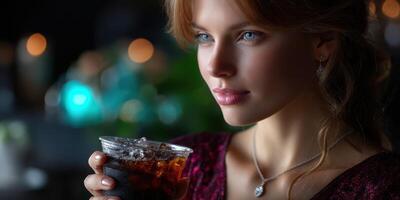 Elegant woman holding a drink in a dimly lit setting with sparkling lights during an evening gathering photo