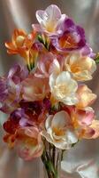 Beautiful bouquet of colorful freesias arranged elegantly against a soft backdrop photo