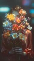 Vibrant bouquet of colorful flowers held by a person in a softly lit indoor setting photo